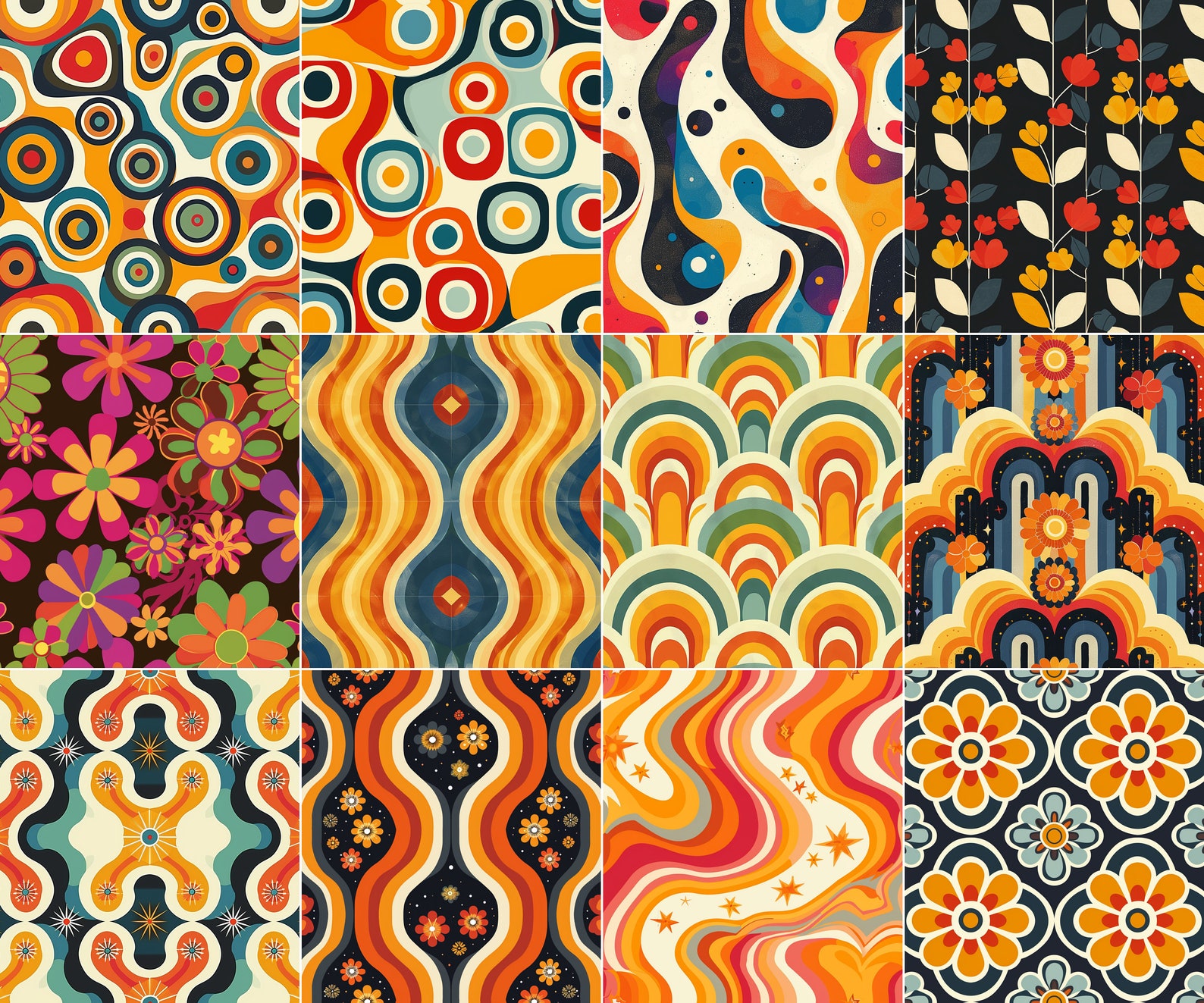 Retro Groovy Pattern Digital Paper Set, Retro 70s Hippie Pattern, 70s ...
