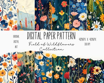 Papeles digitales de campo de flores silvestres, 32 fondos texturizados primaverales, uso comercial, revistas basura, álbumes de recortes, descarga de arte digital sin costuras