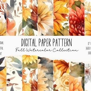 32 Fall Watercolor Digital Paper Set, Fall flowers Pattern, Autumn Prints, Fall Pattern Background, Scrapbook, 12 x 12 Pattern, Junk Journal