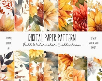 32 Fall Watercolor Digital Paper Set, Fall flowers Pattern, Autumn Prints, Fall Pattern Background, Scrapbook, 12 x 12 Pattern, Junk Journal