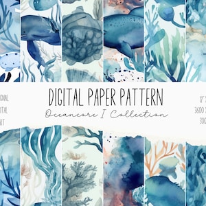 Pode incluir: Um conjunto de padrões de papel digital com ilustrações de aquarela de elementos com tema oceânico, incluindo coral, peixes e uma baleia. Os padrões são em tons de azul, verde e branco, e são perfeitos para criar projetos digitais ou impressos.