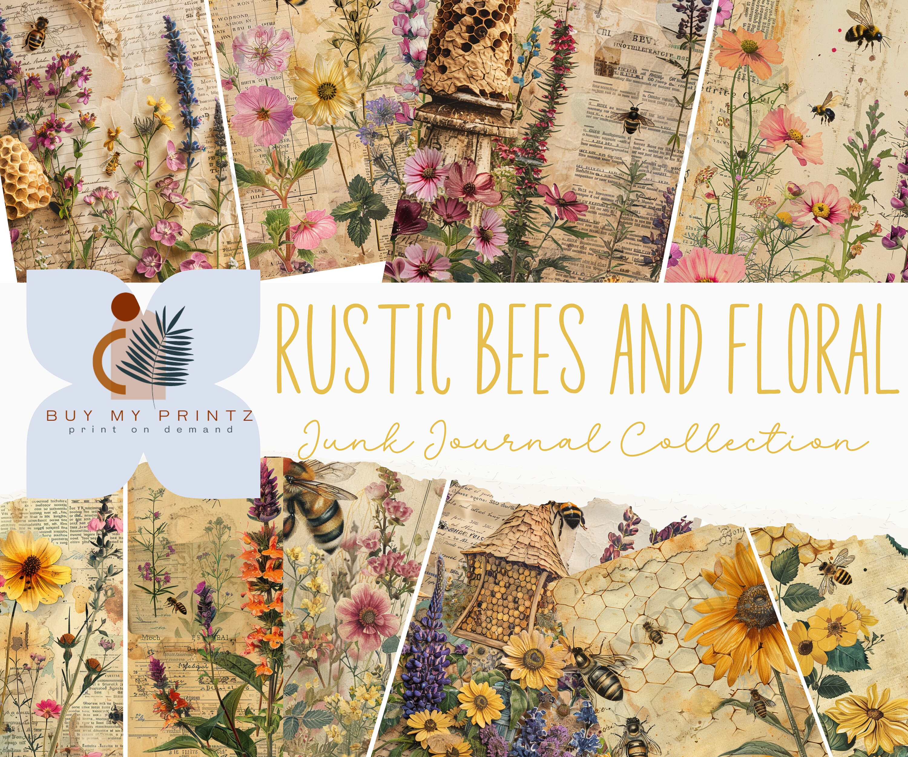 Rustic Bees and Flowers Junk Journal Set, Digital Paper for ...