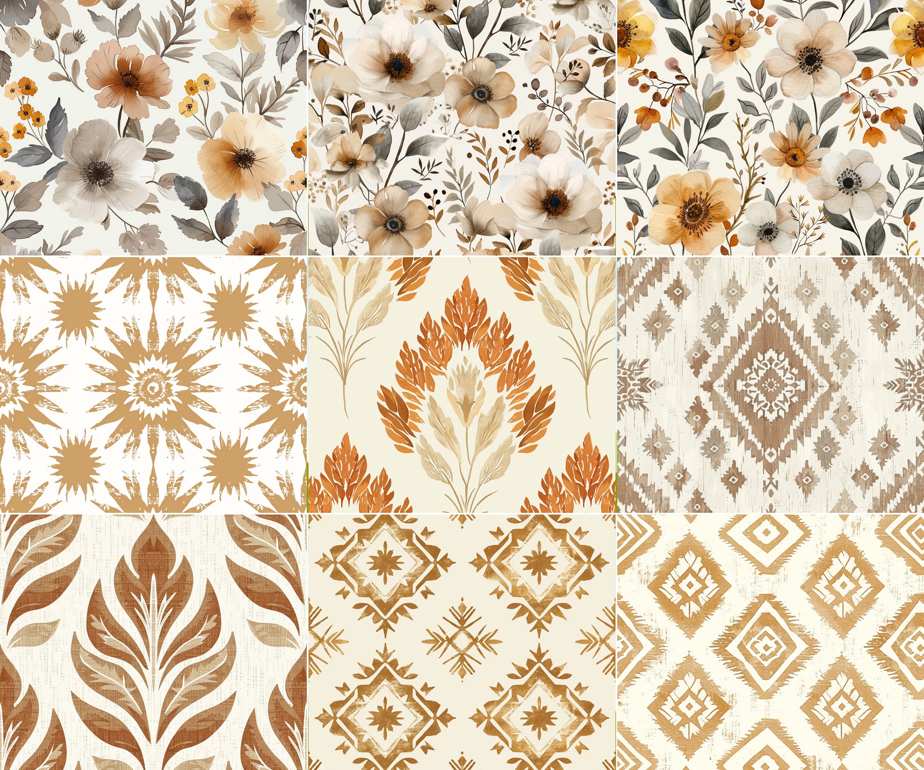 Neutral Boho Digital Paper Set, Beige Floral Pattern, Vintage Prints ...