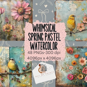 48 fogli di collage pastello stravaganti primaverili, diario di rifiuti acquerellato con tecniche miste, CU, PNG, carta stampabile, album di ritagli con download digitale 4096px