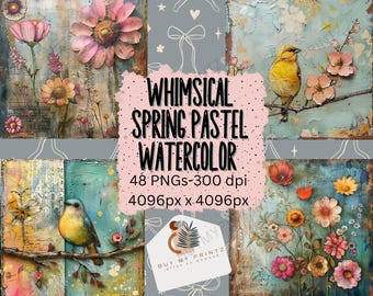 48 Spring Whimsical Pastel Collage Sheets, Mixed Media Watercolor Junk Journal, CU, PNGs, Printable Paper, Digital Download Scrapbook 4096px