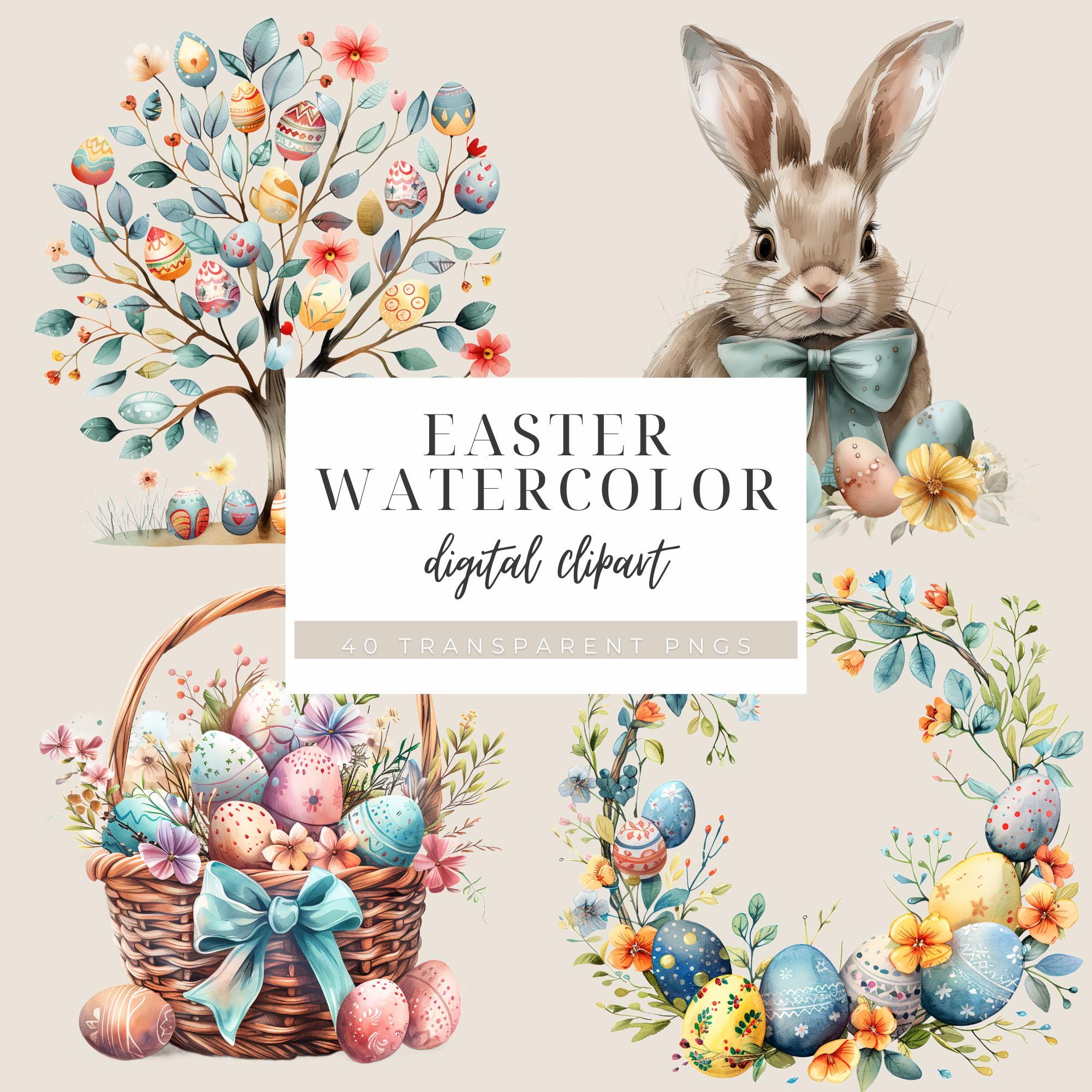 Watercolor Easter PNG Bundle | Transparent Spring Clipart | Bunny ...