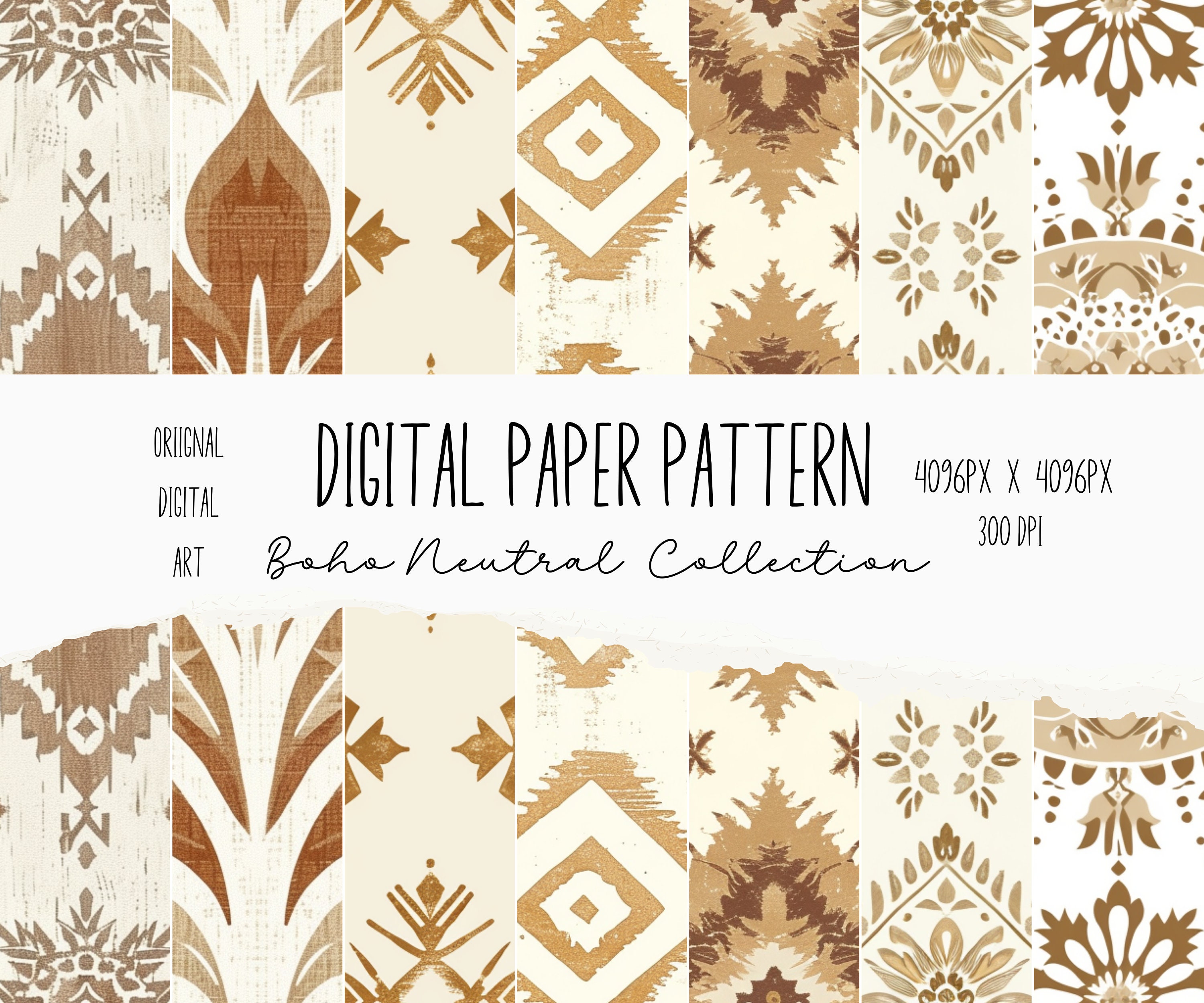 Neutral Boho Digital Paper Set, Beige Floral Pattern, Vintage Prints ...