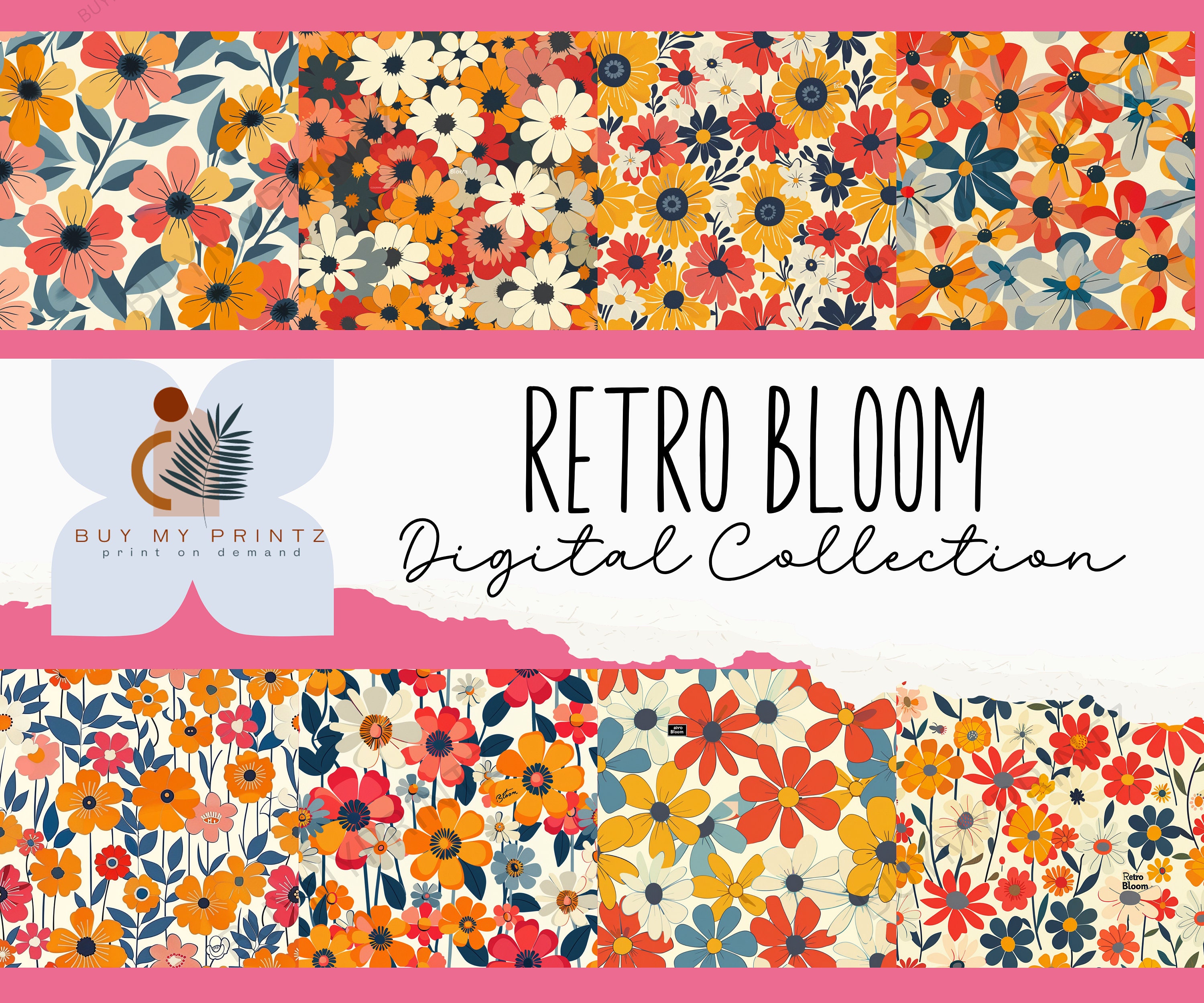 Retro Bloom Floral Pattern Digital Paper Set, Retro 70s Hippie Pattern ...