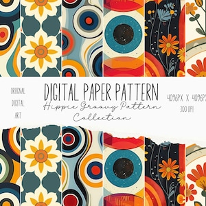 Juego de papel digital con estampado retro y elegante, estampado hippie retro de los años 70, estampados florales de los años 70, fondo floral retro, álbum de recortes, diario basura