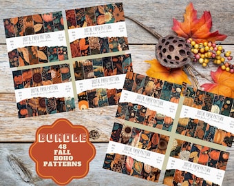 Fall Boho BUNDLE Digital Paper Set, 48 Fall Boho Botanical Floral Patterns, Fall Boho Background, Scrapbook, Junk Journal, 12x12 Digital