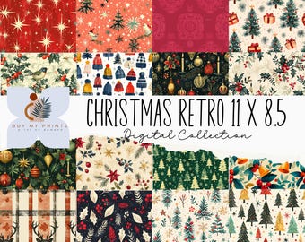 In My Christmas Retro 11" x 8.5" Watercolor Era Sheets, 40 PNG Graphics, Xmas Greens, Seamless Patterns, Instant Download Junk Journal, CU