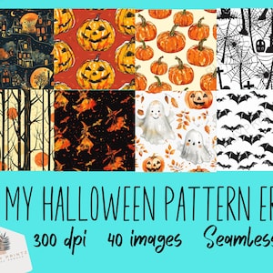 May include: A set of 40 digital seamless Halloween patterns. The patterns feature pumpkins, ghosts, bats, trees, and spiderwebs. The patterns are in a variety of colors, including orange, black, white, and brown. The patterns are 300 dpi and are perfect for use in digital scrapbooking, card making, and other craft projects.