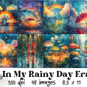 48 In My Rainy Day Whimsical Era Druckbares Papier, Mixed Media Aquarell Junk Journal, Cu, PNGs, digitaler Download, Sammelalbum, 8,5x11