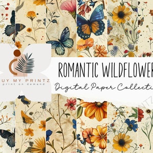 24 Romantic Wildflowers Printable Paper, Seamless Shabby Chic Digital Download, Floral Scrapbook, Flower Junk Journal, Butterflies PNG, CU