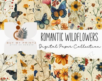 24 Romantic Wildflowers Printable Paper, Seamless Shabby Chic Digital Download, Floral Scrapbook, Flower Junk Journal, Butterflies PNG, CU