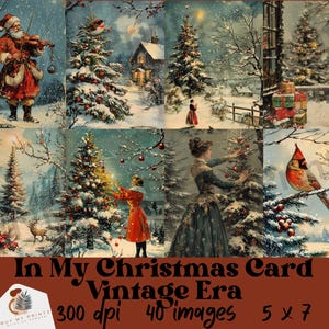 Hojas de tarjetas vintage de 5 x 7 de In My Christmas, 40 gráficos PNG, tema de patrón navideño retro, vacaciones vintage, diario basura de descarga instantánea, CU