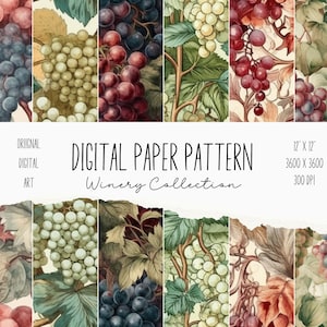 May include: A digital paper pattern collection featuring a variety of grapes in different colors and arrangements. The pattern is 12 inches by 12 inches, 3600 pixels by 3600 pixels, and 300 DPI.
