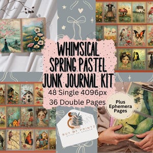 In My Spring Whimsical Pastel Junk Journal and Ephemera Kit, Mixed Media Watercolor, CU, PNGs, Printable Paper, Digital Download Scrapbook