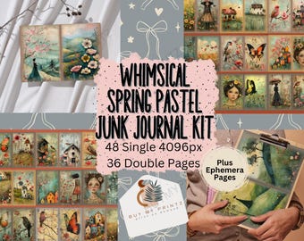 May include: A digital junk journal kit with whimsical spring pastel illustrations. The kit includes 48 single pages and 36 double pages, all 4096 pixels in size. The kit also includes ephemera pages.