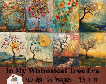 In My Whimsical Trees Era Sheets, 24 Mixed Media Watercolor Junk Journal, PNGs, Printable Paper, Digital Download Scrapbook, Commercial Use