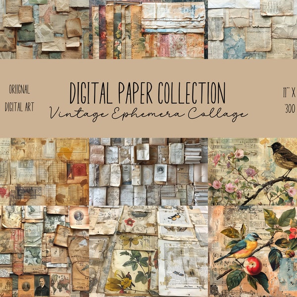 Vintage Ephemera Collage Papers, 24 Junk Journal Collage Backgrounds, Commercial Use, Scrapbook, Printable Papers, PNG, Digital Download