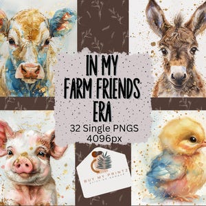 In My Farm Friends Digital Paper Set, Vintage Farm Animal Printable, Country Animal Illsutration, Scrapbook, Downloadable PNG,  Clipart, CU