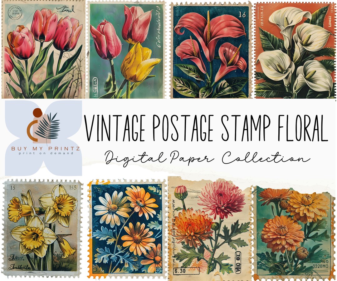Faux Floral Postage Stamp Ephemera Pack Printable Junk Journal Clipart Faux Floral Postage Stamp Ephemera Pack Printable Junk Journal Clipart