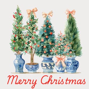 Chinoiserie kerstbomen PNG, Merry Christmas preppy kerstkaart, chinoiserie-illustraties, Southern Xmas, vakantie Instant Download, CU