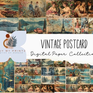 Paquete de efímeras de postales vintage falsas, imágenes prediseñadas de diario de viaje imprimibles, kit de álbum de recortes digital, postal de vacaciones en la playa, CU, manualidades, PNG