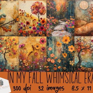 In My Fall Whimsical Era Sheets, 32 Mixed Media Watercolor Junk Journal, PDF, Carta stampabile, Album di ritagli con download digitale, Uso commerciale