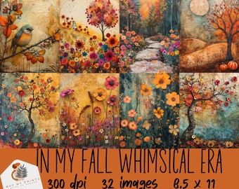 In My Fall Whimsical Era Sheets, 32 Mixed Media Watercolor Junk Journal, PNGs, Printable Paper, Digital Download Scrapbook, Commercial Use
