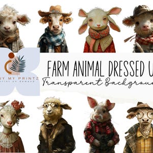 Animale da fattoria stravagante vestito, 32 stampe PNG con sfondo trasparente, download digitale Barnyard, CU, diario di scarto, album, 8,5"x11"