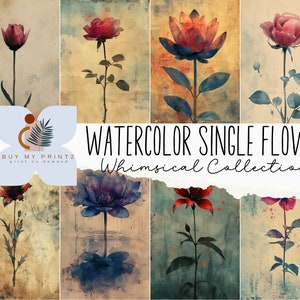 24 Whimsical Flower Watercolor Images, Mixed Media Spring Grunge Painterly Florals, CU, PNGs, Printable Paper, Digital Download, Scrapbook