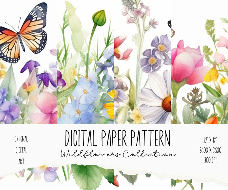 Wildflower Digital Paper Set Watercolor Flowers Pattern - Etsy