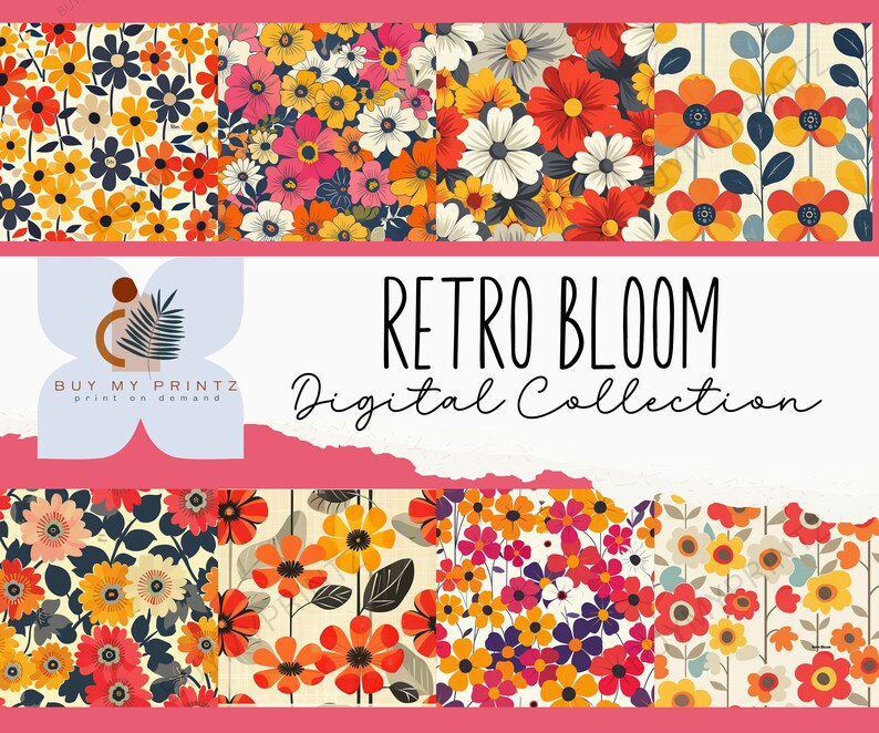 Retro Bloom Floral Pattern Digital Paper Set, Retro 70s Hippie Pattern ...