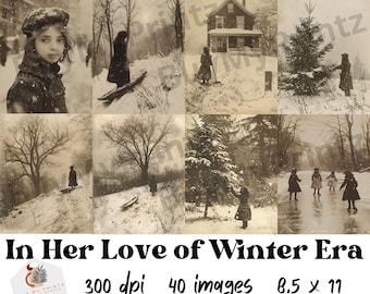 Puede incluir: Un collage de fotografías antiguas en blanco y negro que representan escenas de invierno. Las imágenes incluyen a una niña en un paisaje nevado, una casa con un techo cubierto de nieve, un árbol de Navidad y personas patinando sobre hielo.