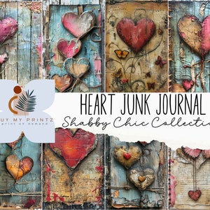 Rustic Shabby Chic Hearts Junk Journal Pages, Vintage Romantic Digital Paper Kit, Scrapbook Paper Download, Printable Cards, Crafts, CU