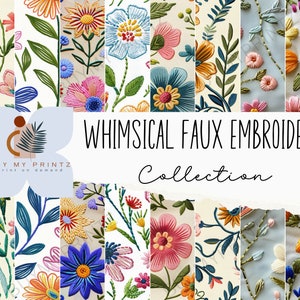 Whimsical Pastel Floral Faux Embroidery, Seamless Patterns, Embroidered Floral Digital Paper, Faux Fabric, Scrapbooking, Craft Papers, DIY