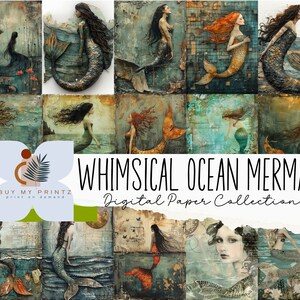 67 Sheets of Ethereal Mermaid Ocean Collage PNG Papers, Mixed Media Junk Journal, CU, Digital Download, 11x8.5", Printable Scrapbook Paper