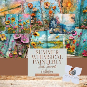 Skurril Sommer 11 x 8,5 Junk Journal Doppel Seite PNG Florale Clipart Boho Garten Digitales Papier Aquarell Grafiken Rustikale Blumen