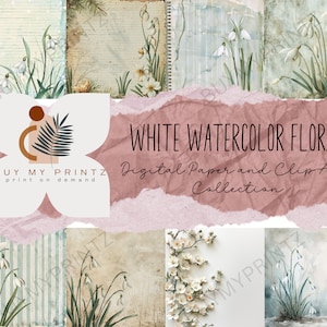 White Floral Bouquet Watercolor Paper Set, Hydrangea, Rose, Peony Wedding Invitation Flower Clipart PNG, Digital Greenery Leaves Art, CU