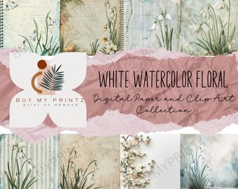 White Floral Bouquet Watercolor Paper Set, Hydrangea, Rose, Peony Wedding Invitation Flower Clipart PNG, Digital Greenery Leaves Art, CU