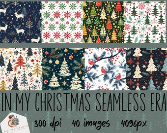 May include: A set of 40 digital Christmas seamless patterns featuring various designs, including snowflakes, trees, ornaments, and birds. The patterns are in a variety of colours, including red, green, blue, and white. The patterns are 300 dpi and 4096 pixels in size.