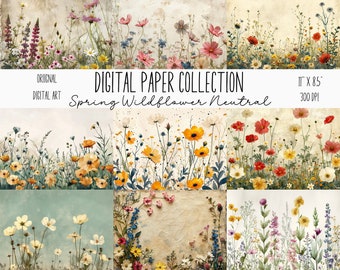 Papeles digitales neutros con flores silvestres de primavera, 24 fondos texturizados primaverales, uso comercial, revistas basura, álbumes de recortes, descargas de arte digital