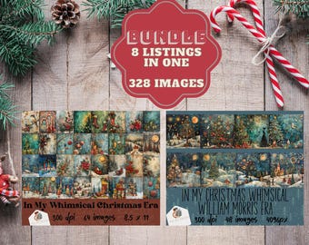 Christmas Whimsical BUNDLE Digital Paper Set, 328 Christmas Whimsy Themed Background, Vintage Santa, Trees, Scrapbook, Junk Journal, 12x12