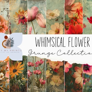 32 immagini JPEG di fiori grunge stravaganti, fiori primaverili dipinti con tecniche miste, uso commerciale, carta stampabile, download digitale, album di ritagli