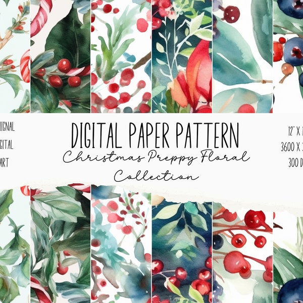 Christmas Preppy Floral Digital Paper, Xmas Floral Pattern PNG, Christmas Background, Holiday Scrapbook, Winter Junk Journal, 12x12 Floral