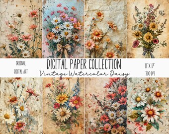 Vintage DAISY Watercolor JOURNAL Page, Rustic Journal Pages, Junk Journal Kit, Neutral, Printable Paper, Digital Download, Ephemera, CU,