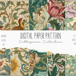 Botanical Floral Pattern Digital Paper Set, Forestcore Pattern, Cottagecore Pattern, Cottagecore Background, Scrapbook, Junk Journal, 12x12