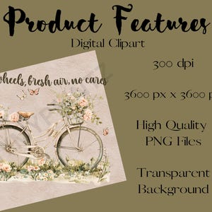 May include: A watercolor illustration of a bicycle with a basket full of pink flowers. The bicycle is surrounded by green foliage and butterflies. The text "two wheels, fresh air, no cares" is written at the top of the image.